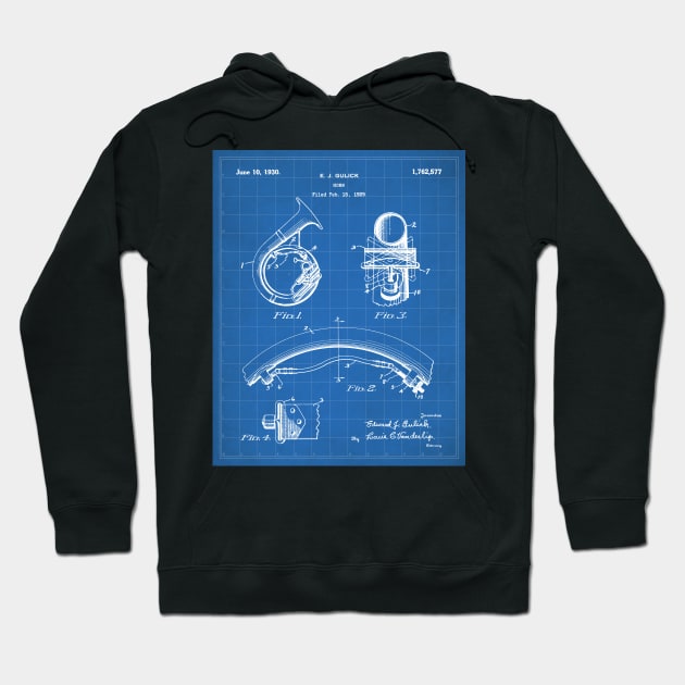 Brass Band Horn Patent - Musician Wind Instrument Art - Blueprint Hoodie by patentpress